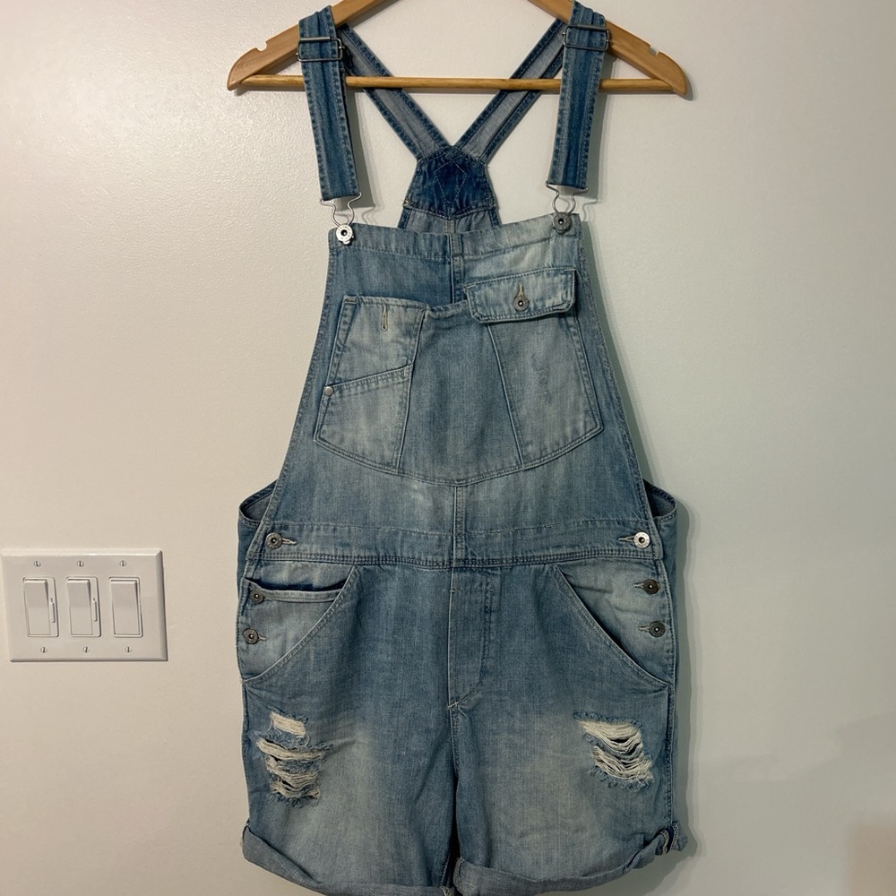 H&M 100% Cotton Denim Distressed Boyfriend Overall Shorts